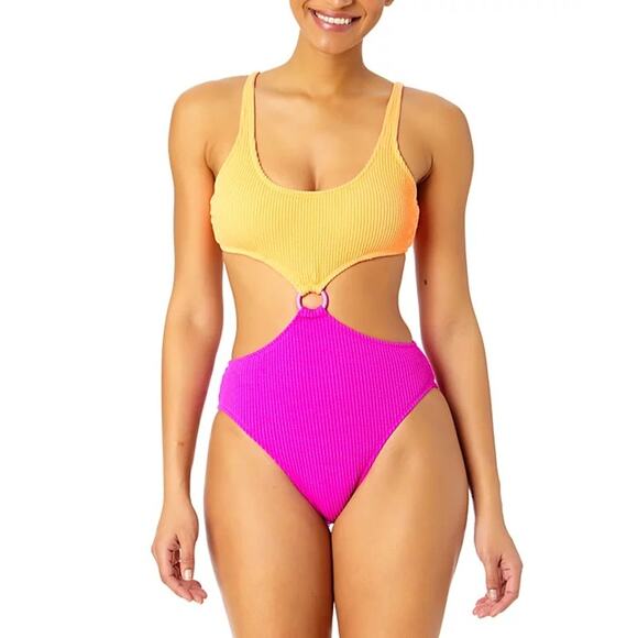 Salt + Cove Juniors' Colorblocked One-Piece Monokini, Peach Fuchsia - Picture 1 of 5
